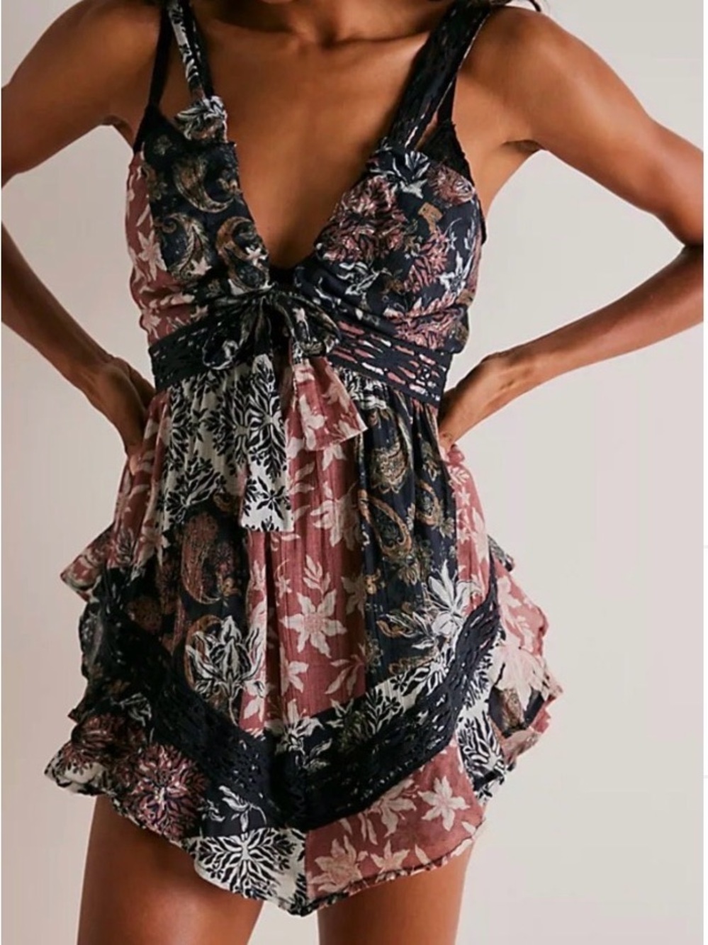 Free People Patchwork Floral Mini Romper in Black, Mauve, Cream